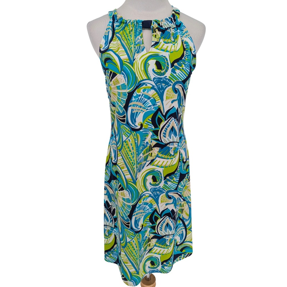 Jude Connally Dress SML Blue Green Paisley Halter Keyhole Coastal‎ Resort Preppy